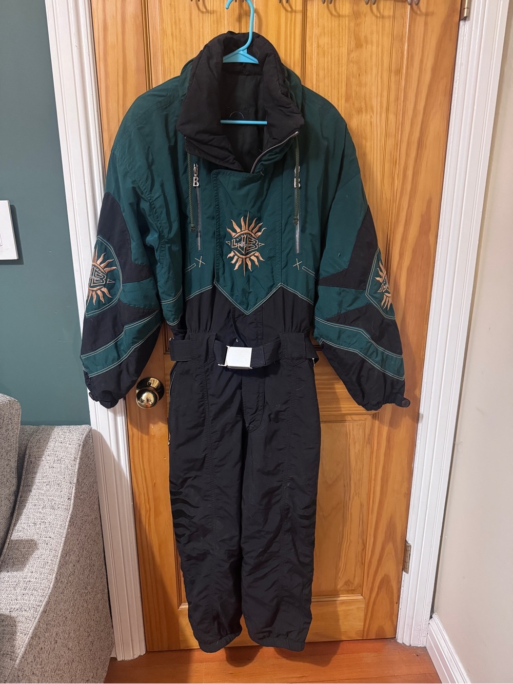 Bogner Vintage Green and Black One-Piece Ski Suit with Sun Emblem